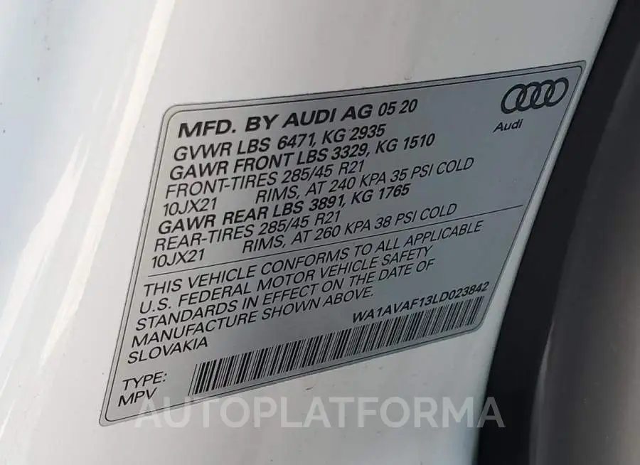 AUDI Q8 PREMIUM 2020 vin WA1AVAF13LD023842 from auto auction Copart