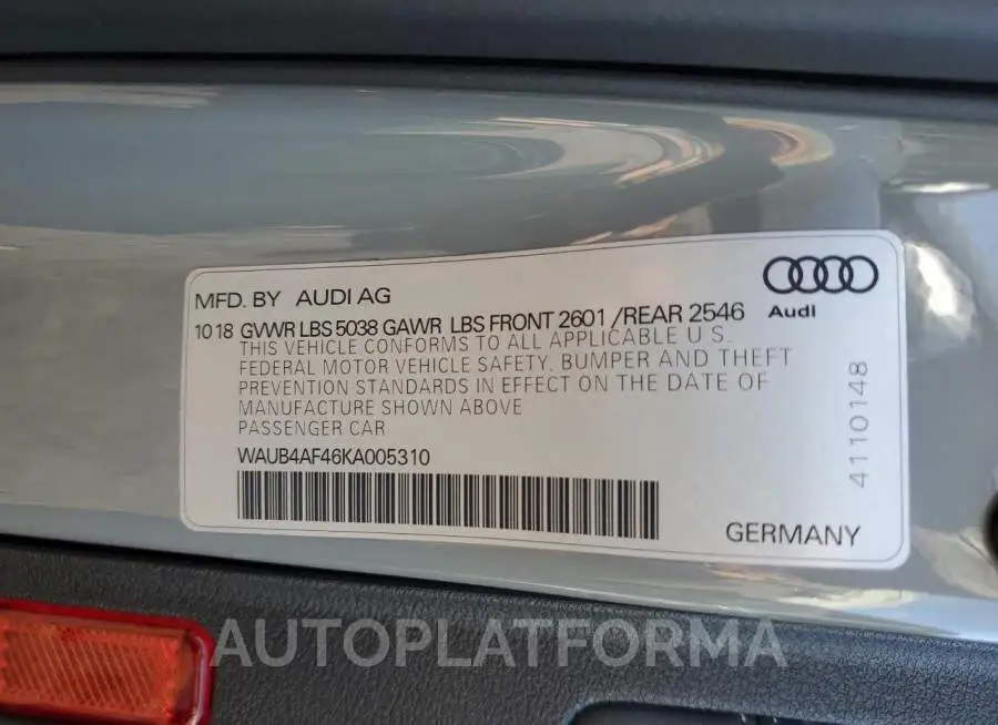 AUDI S4 PREMIUM 2019 vin WAUB4AF46KA005310 from auto auction Copart