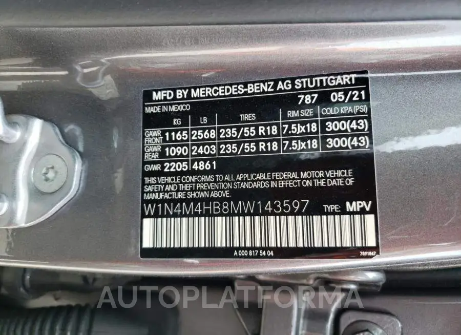 MERCEDES-BENZ GLB 250 4M 2021 vin W1N4M4HB8MW143597 from auto auction Copart