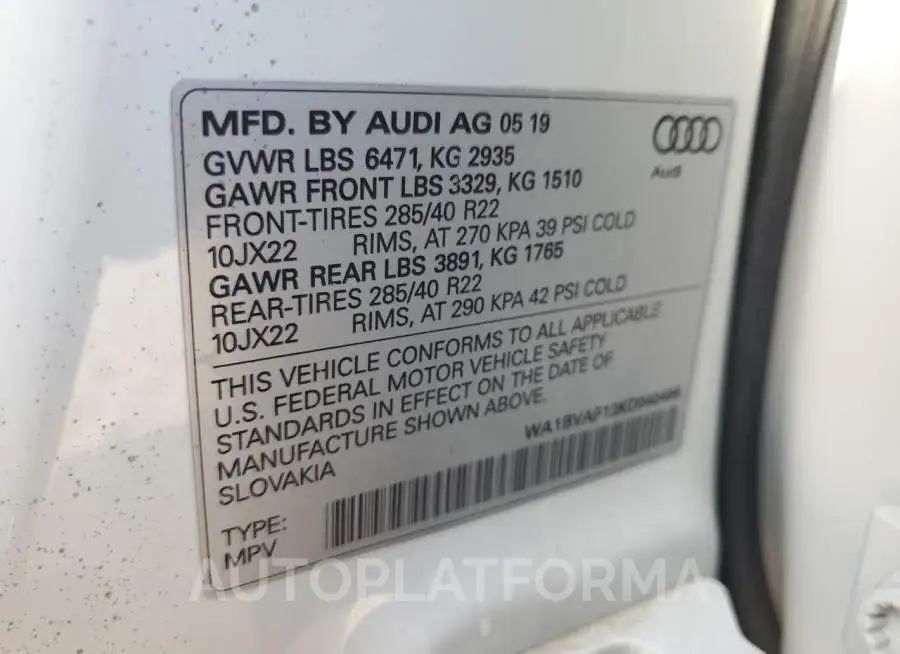 AUDI Q8 PREMIUM 2019 vin WA1BVAF13KD040496 from auto auction Copart