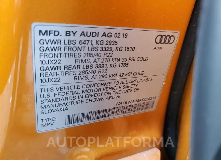 AUDI Q8 PREMIUM 2019 vin WA1EVAF18KD028213 from auto auction Copart