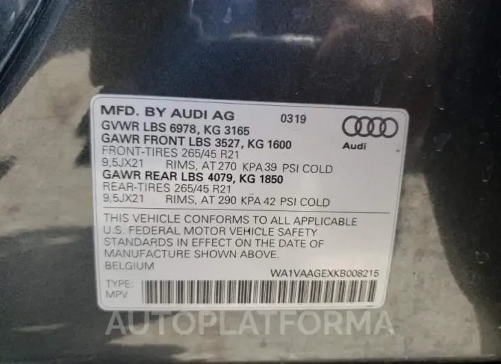 AUDI E-TRON PRE 2019 vin WA1VAAGEXKB008215 from auto auction Copart