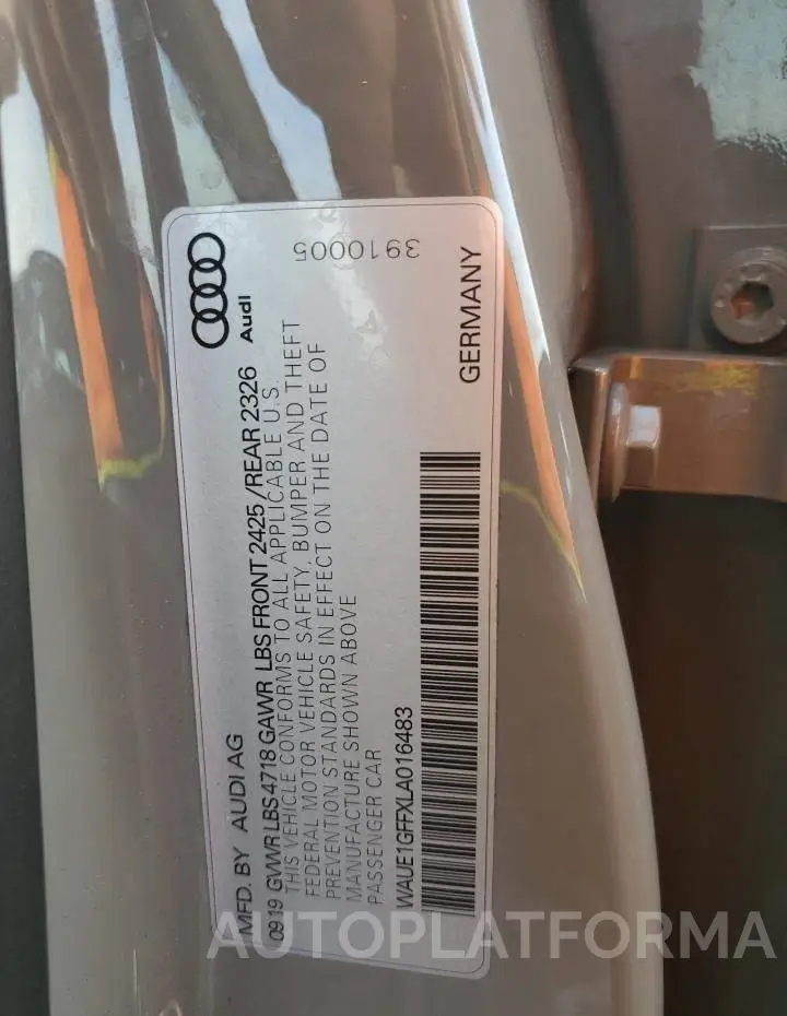 AUDI S3 PREMIUM 2020 vin WAUE1GFFXLA016483 from auto auction Copart