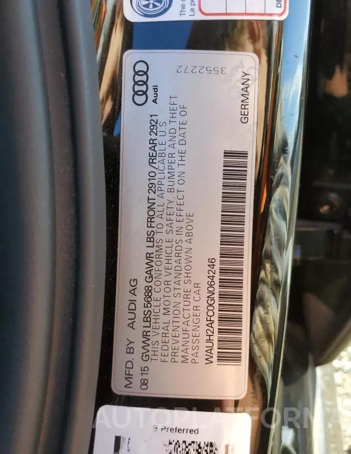 AUDI S6 PRESTIG 2016 vin WAUH2AFC0GN064246 from auto auction Copart