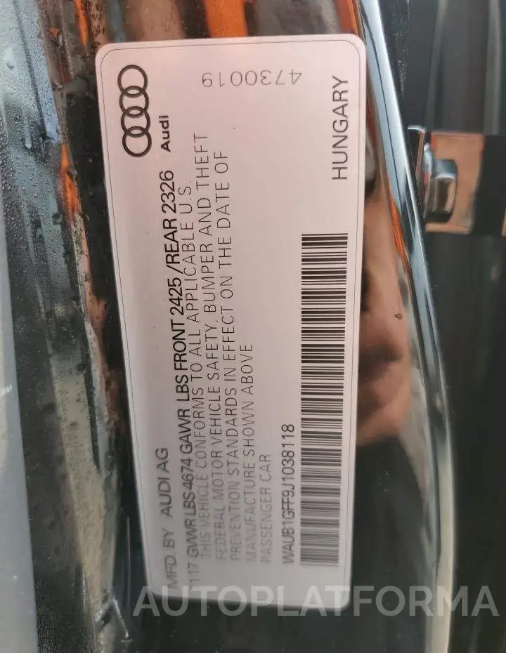 AUDI S3 PREMIUM 2018 vin WAUB1GFF9J1038118 from auto auction Copart