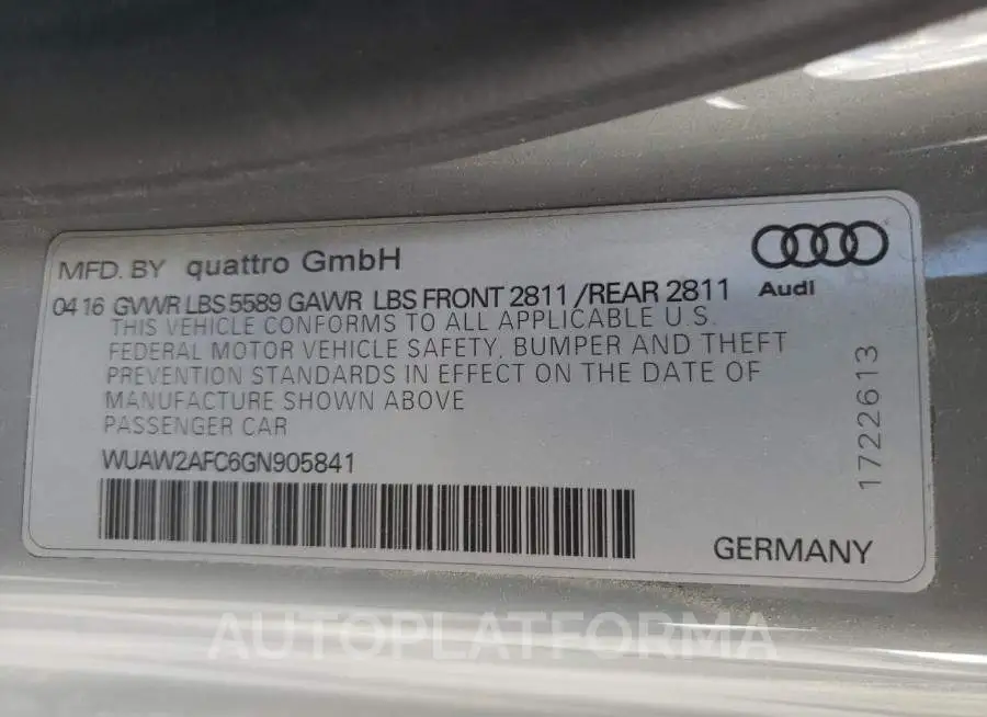 AUDI RS7 2016 vin WUAW2AFC6GN905841 from auto auction Copart