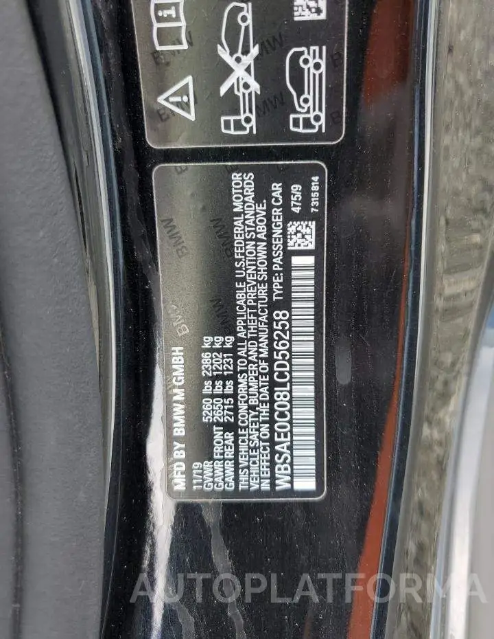 BMW M8 2020 vin WBSAE0C08LCD56258 from auto auction Copart