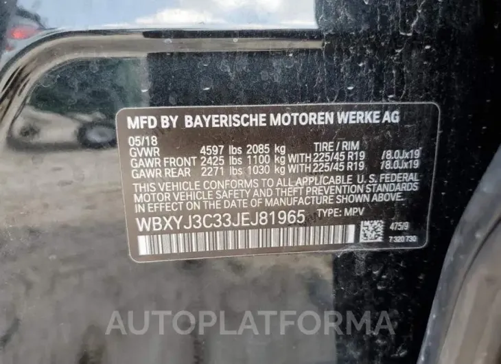 BMW X2 SDRIVE2 2018 vin WBXYJ3C33JEJ81965 from auto auction Copart