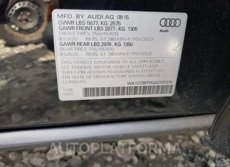 AUDI SQ5 PREMIU 2016 vin WA1CCBFP6GA055006 from auto auction Copart