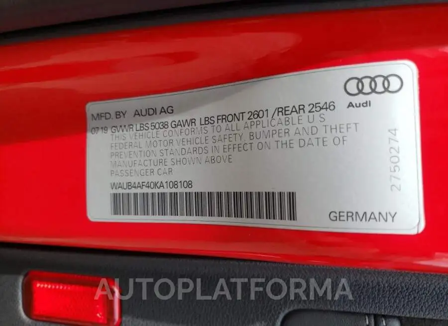 AUDI S4 PREMIUM 2019 vin WAUB4AF40KA108108 from auto auction Copart