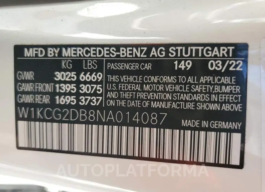 MERCEDES-BENZ EQS SEDAN 2022 vin W1KCG2DB8NA014087 from auto auction Copart