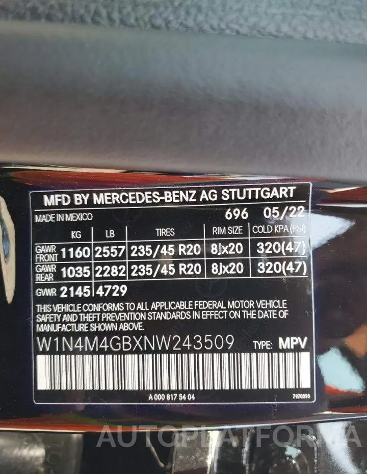 MERCEDES-BENZ GLB 250 2022 vin W1N4M4GBXNW243509 from auto auction Copart