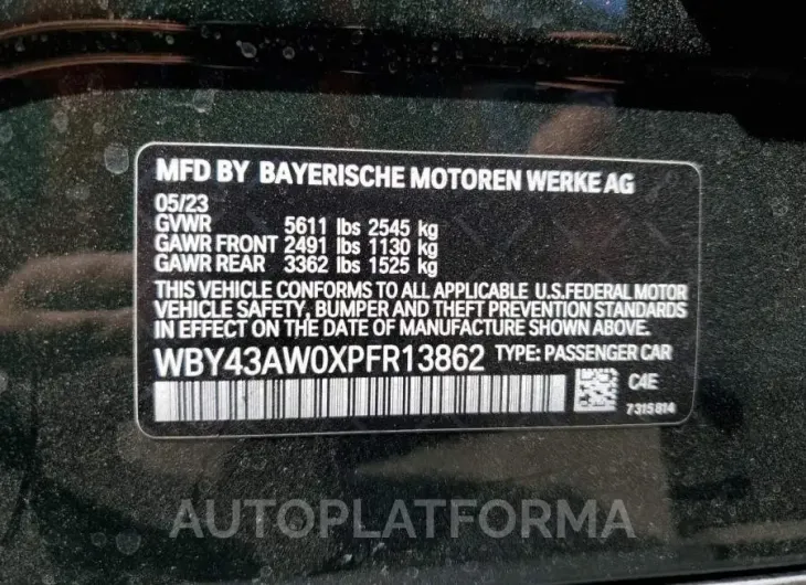 BMW I4 EDRIVE3 2023 vin WBY43AW0XPFR13862 from auto auction Copart