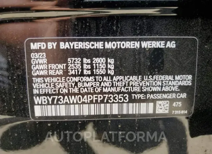 BMW I4 EDRIVE4 2023 vin WBY73AW04PFP73353 from auto auction Copart