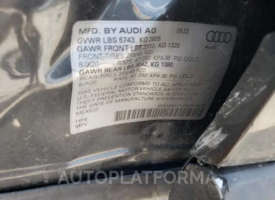 AUDI SQ5 SPORTB 2022 vin WA124AFY2N2114412 from auto auction Copart