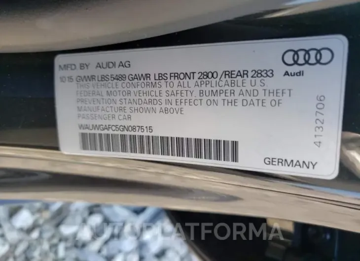 AUDI A7 PREMIUM 2016 vin WAUWGAFC5GN087515 from auto auction Copart