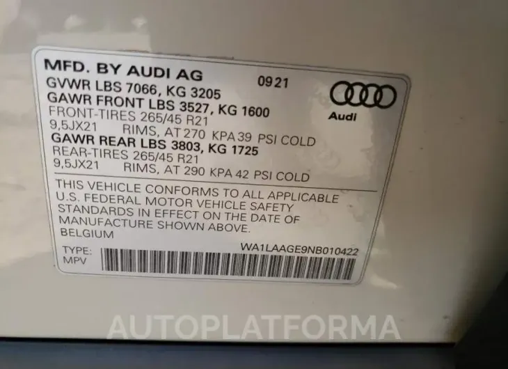 AUDI E-TRON PRE 2022 vin WA1LAAGE9NB010422 from auto auction Copart