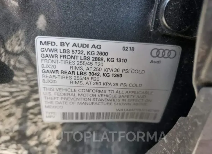 AUDI SQ5 PREMIU 2018 vin WA1A4AFY9J2142763 from auto auction Copart