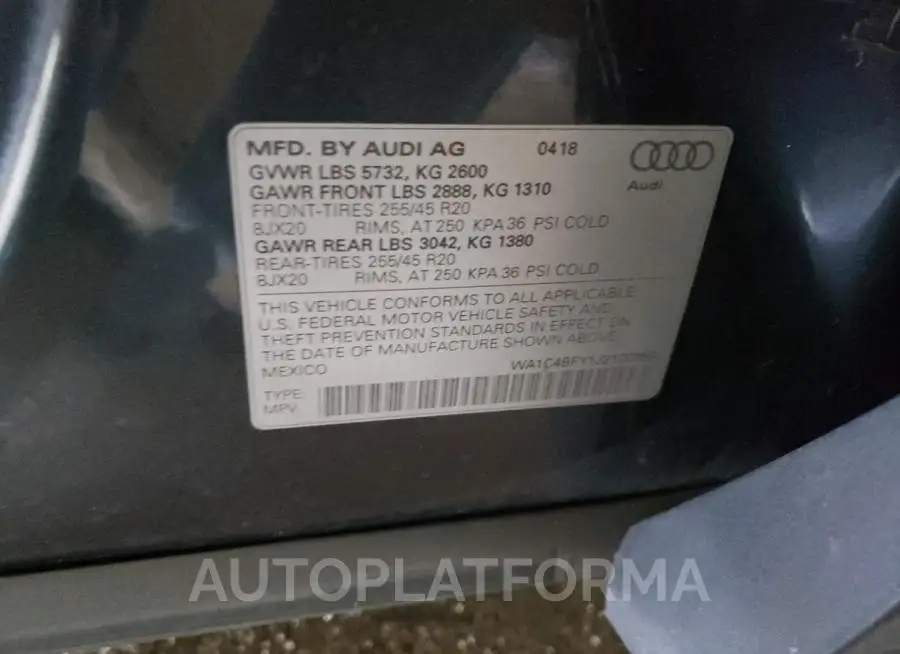 AUDI SQ5 PRESTI 2018 vin WA1C4BFY1J2170958 from auto auction Copart