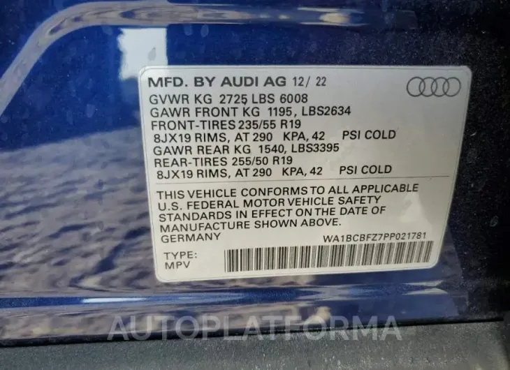 AUDI Q4 E-TRON 2023 vin WA1BCBFZ7PP021781 from auto auction Copart