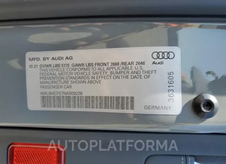 AUDI S5 PRESTIG 2022 vin WAUB4CF57NA009228 from auto auction Copart