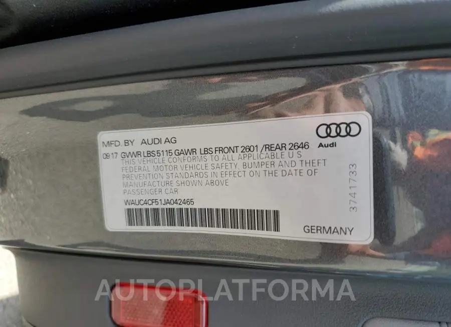 AUDI S5 PRESTIG 2018 vin WAUC4CF51JA042465 from auto auction Copart