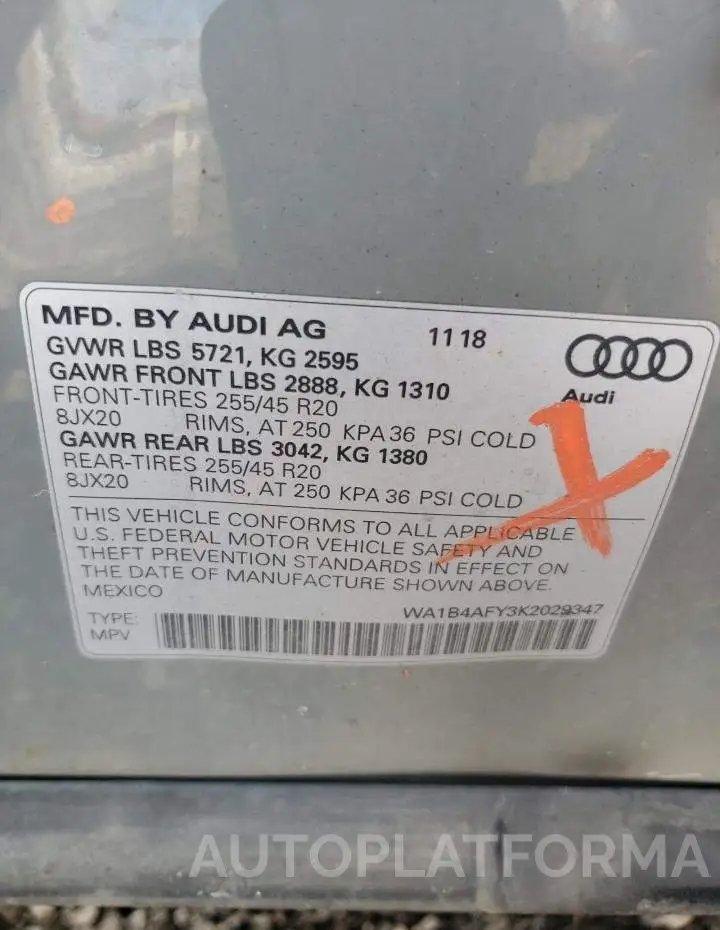 AUDI SQ5 PREMIU 2019 vin WA1B4AFY3K2029347 from auto auction Copart