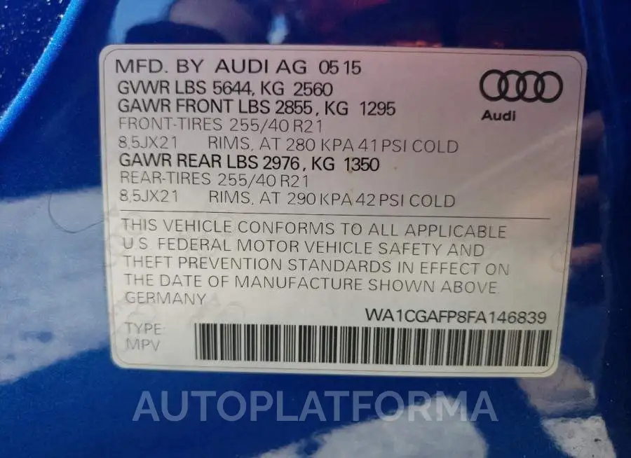 AUDI SQ5 PREMIU 2015 vin WA1CGAFP8FA146839 from auto auction Copart