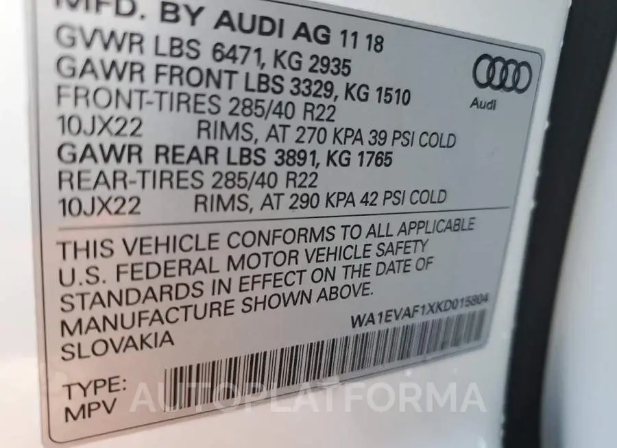 AUDI Q8 PREMIUM 2019 vin WA1EVAF1XKD015804 from auto auction Copart