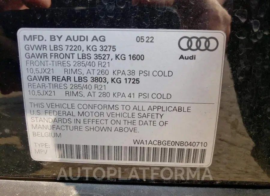 AUDI E-TRON S P 2022 vin WA1ACBGE0NB040710 from auto auction Copart