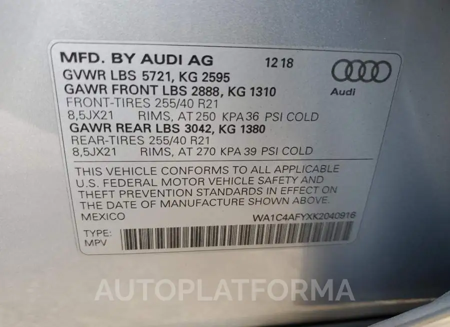 AUDI SQ5 PRESTI 2019 vin WA1C4AFYXK2040916 from auto auction Copart