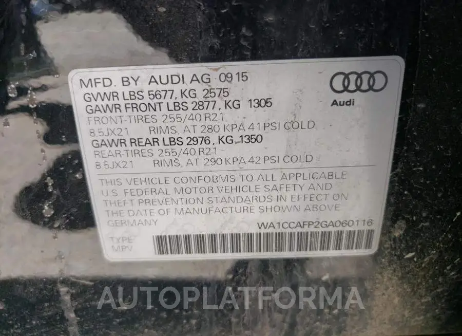 AUDI SQ5 PREMIU 2016 vin WA1CCAFP2GA060116 from auto auction Copart