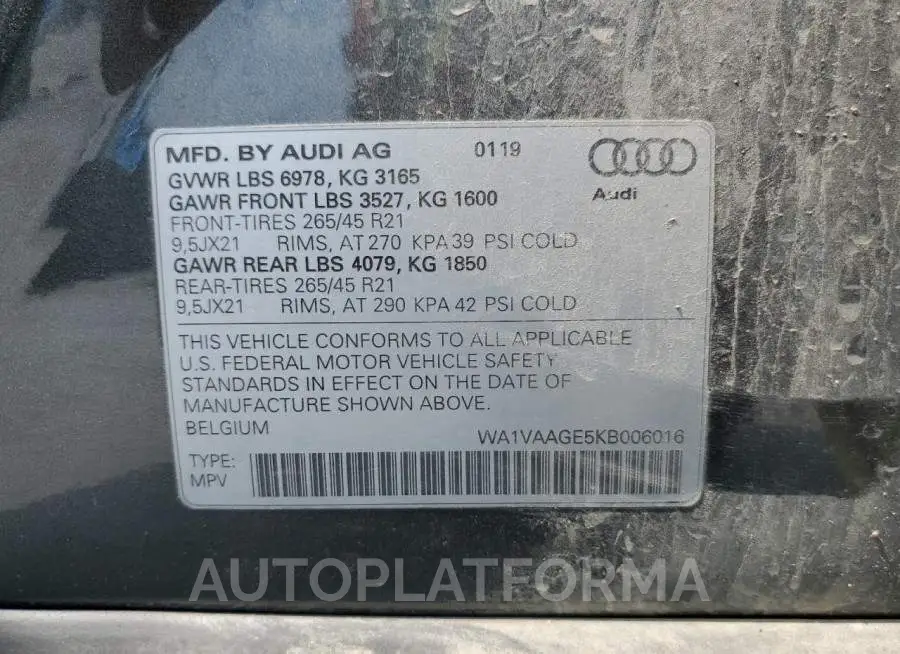 AUDI E-TRON PRE 2019 vin WA1VAAGE5KB006016 from auto auction Copart