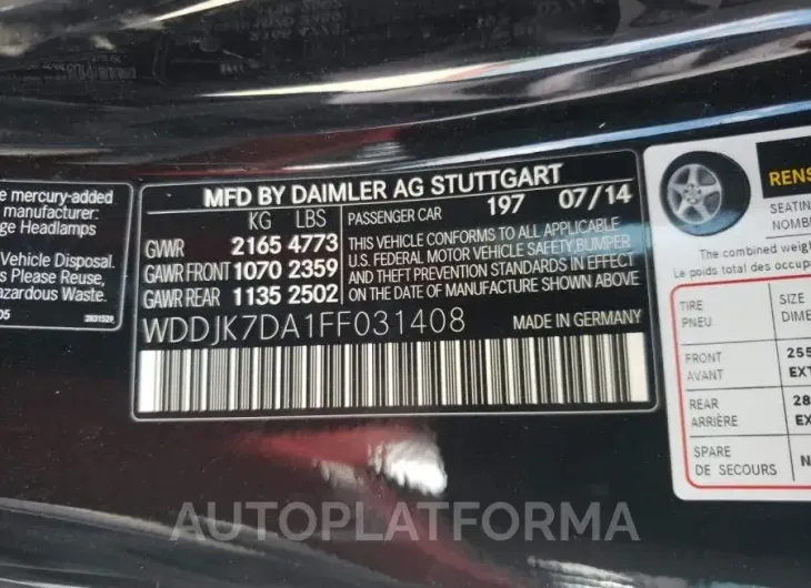 MERCEDES-BENZ SL 550 2015 vin WDDJK7DA1FF031408 from auto auction Copart