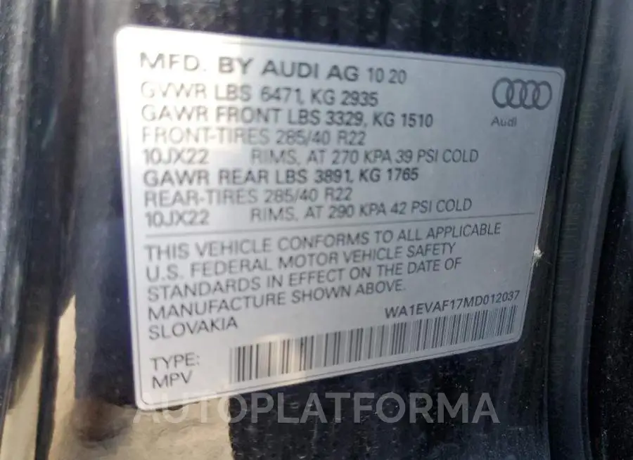 AUDI Q8 PREMIUM 2021 vin WA1EVAF17MD012037 from auto auction Copart