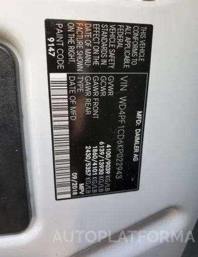 MERCEDES-BENZ SPRINTER 2 2019 vin WD4PF1CD6KP022943 from auto auction Copart