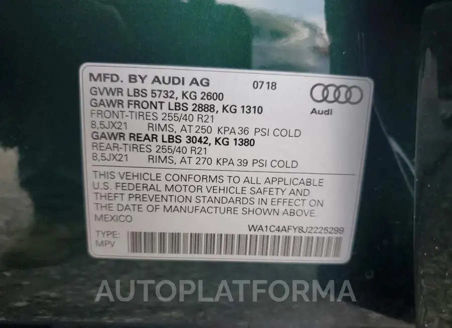 AUDI SQ5 PRESTI 2018 vin WA1C4AFY8J2225299 from auto auction Copart