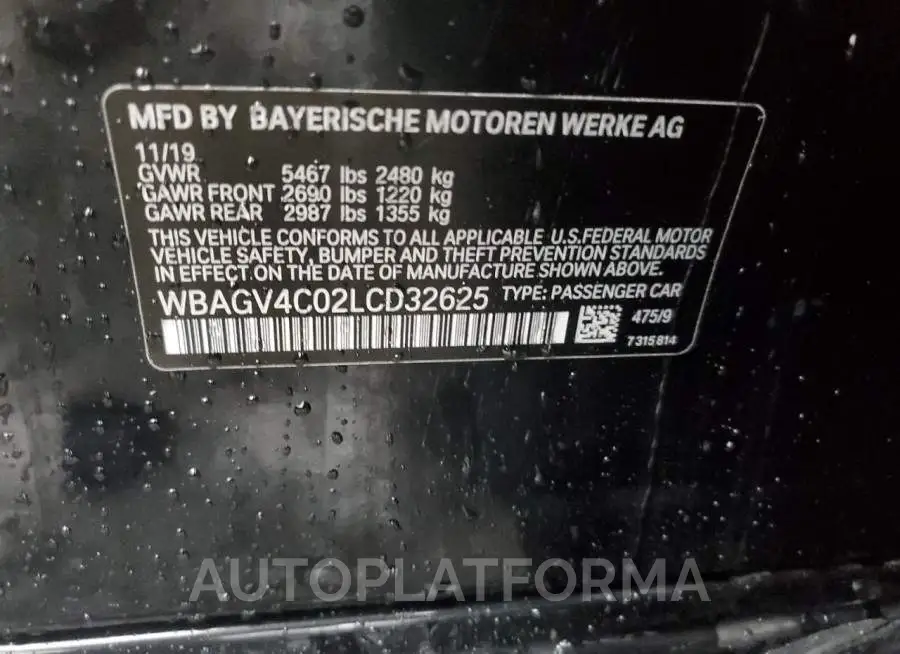 BMW 840XI 2020 vin WBAGV4C02LCD32625 from auto auction Copart