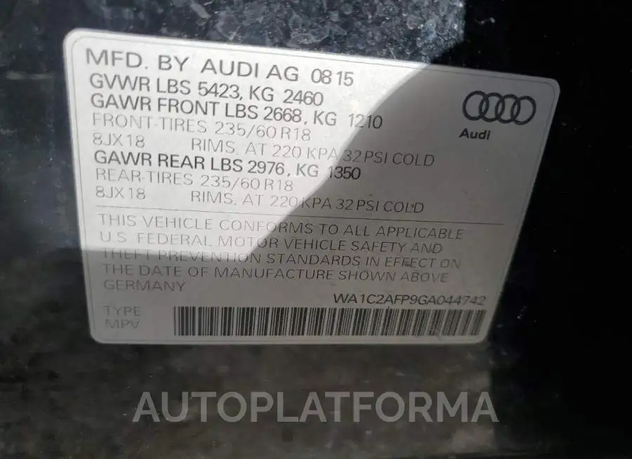 AUDI Q5 PREMIUM 2016 vin WA1C2AFP9GA044742 from auto auction Copart