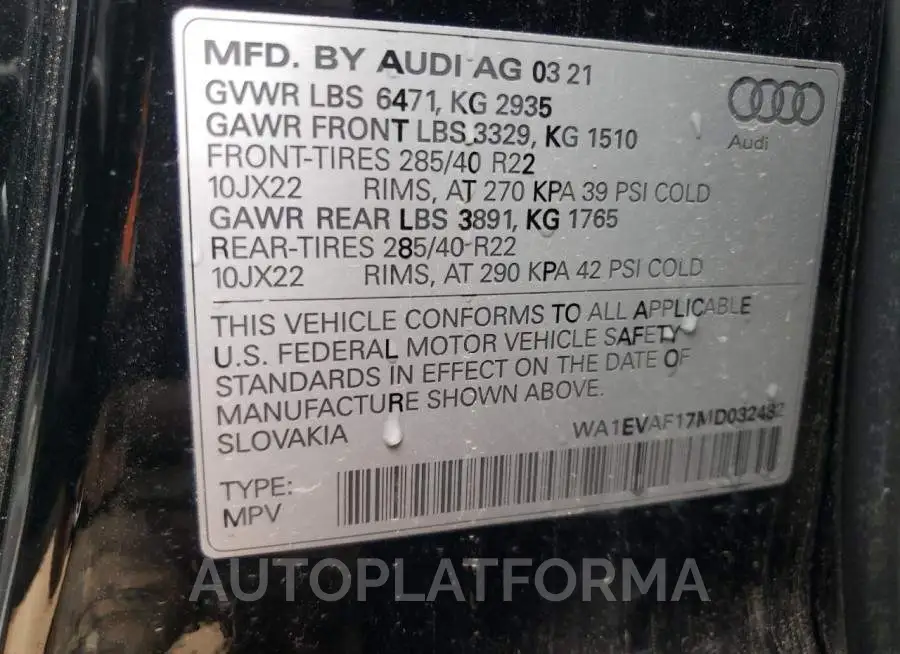 AUDI Q8 PREMIUM 2021 vin WA1EVAF17MD032482 from auto auction Copart