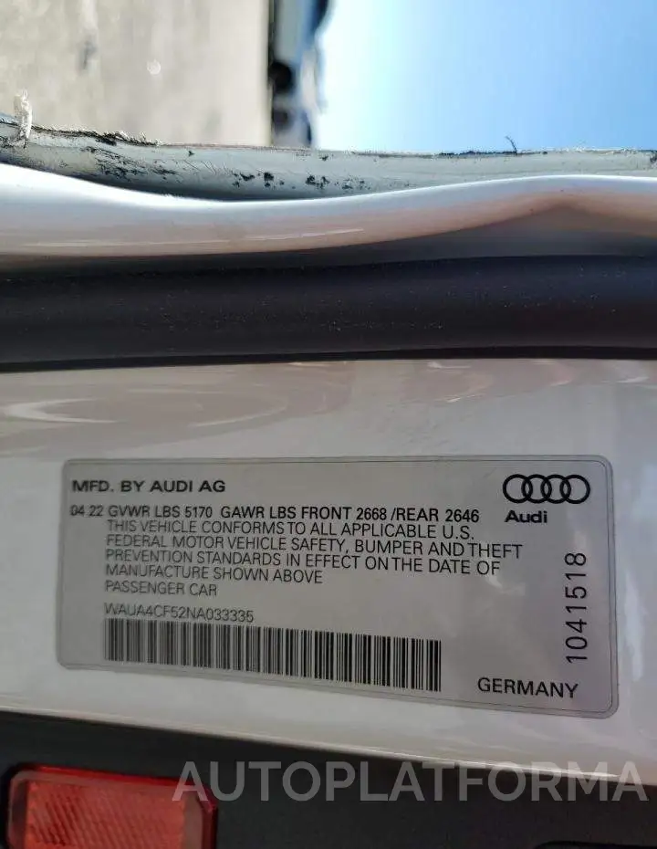 AUDI S5 PREMIUM 2022 vin WAUA4CF52NA033335 from auto auction Copart