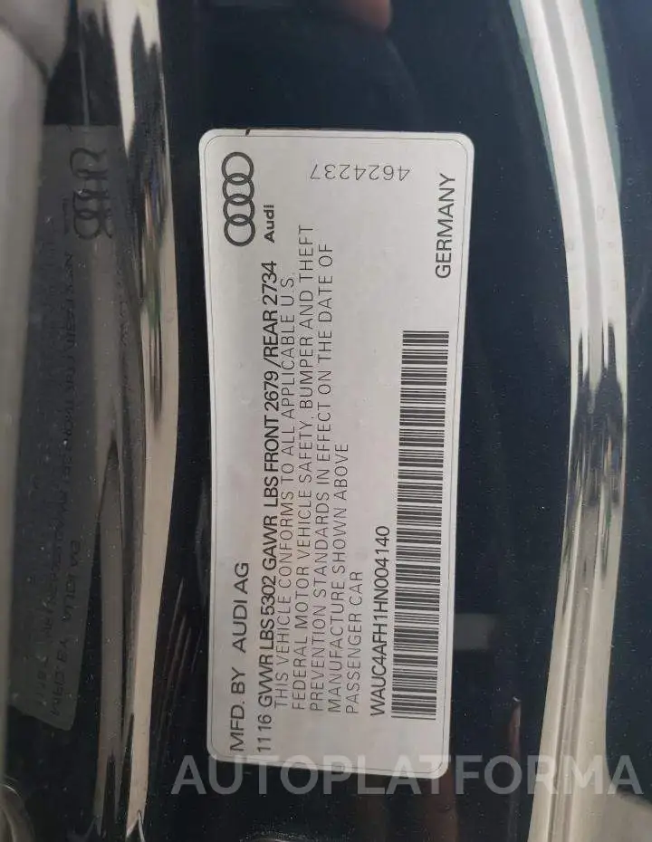 AUDI S5 2017 vin WAUC4AFH1HN004140 from auto auction Copart