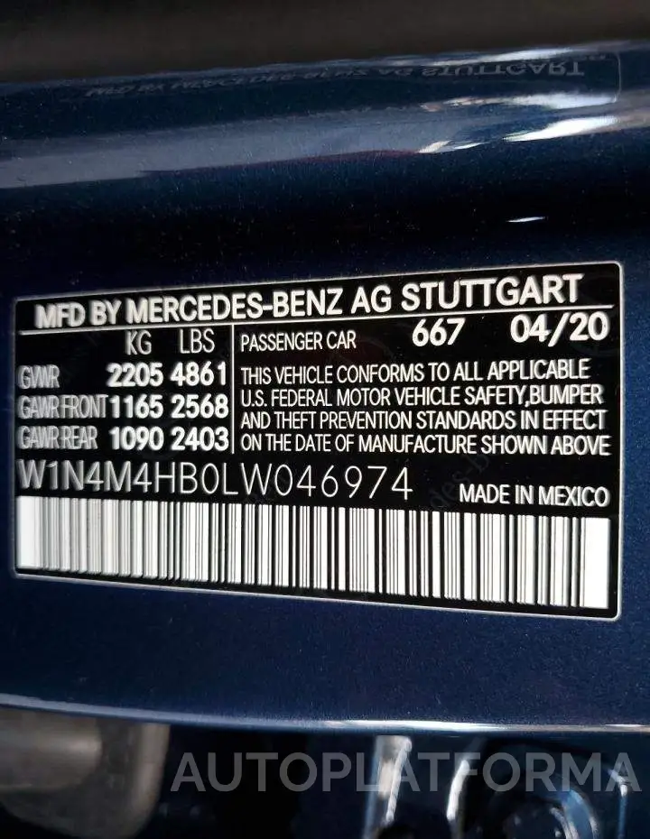 MERCEDES-BENZ GLB 250 4M 2020 vin W1N4M4HB0LW046974 from auto auction Copart