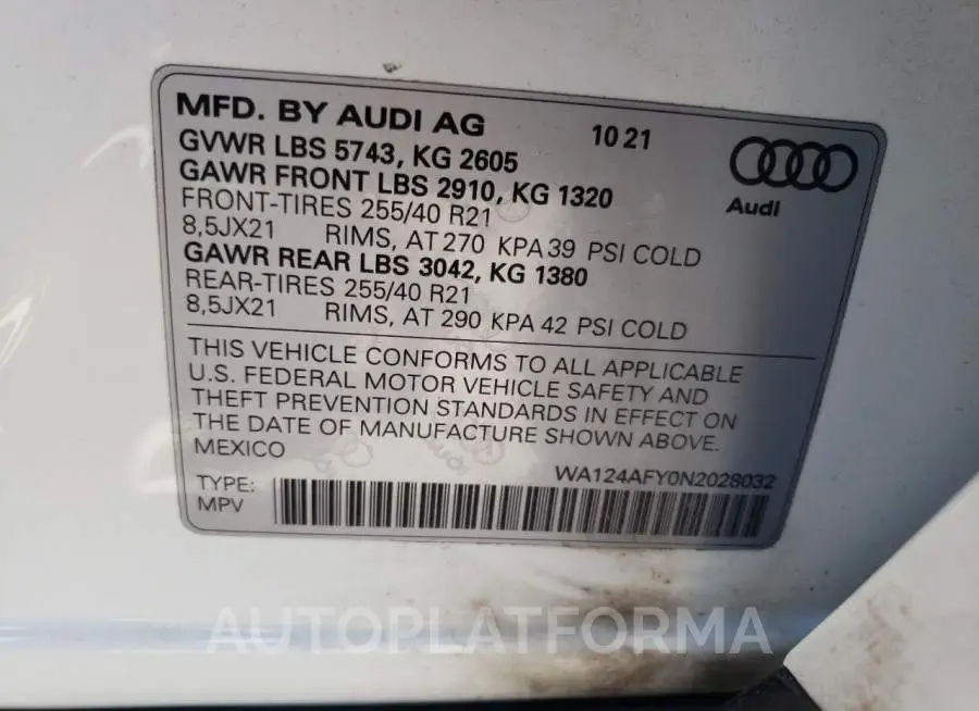 AUDI SQ5 SPORTB 2022 vin WA124AFY0N2028032 from auto auction Copart