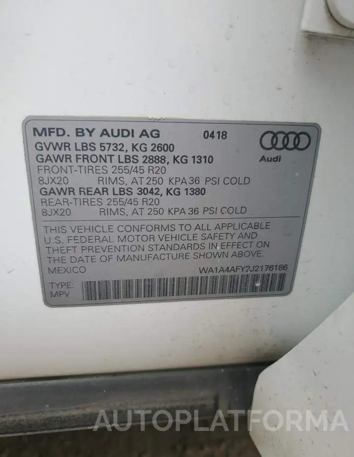 AUDI SQ5 PREMIU 2018 vin WA1A4AFY2J2176186 from auto auction Copart