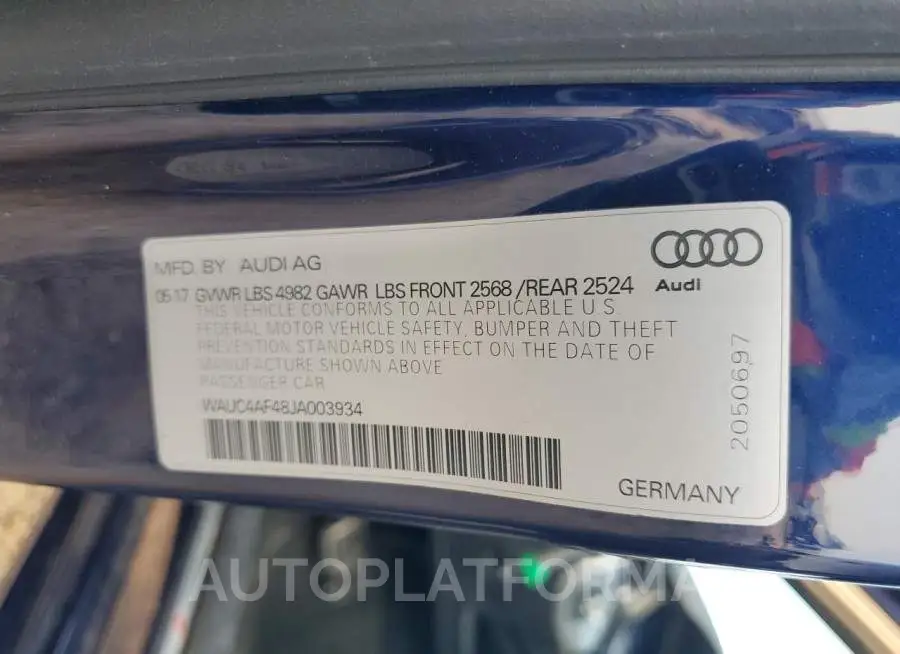 AUDI S4 PRESTIG 2018 vin WAUC4AF48JA003934 from auto auction Copart