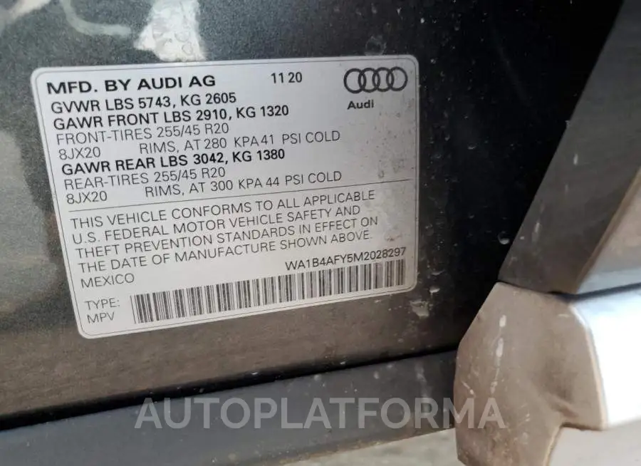 AUDI SQ5 PREMIU 2021 vin WA1B4AFY5M2028297 from auto auction Copart