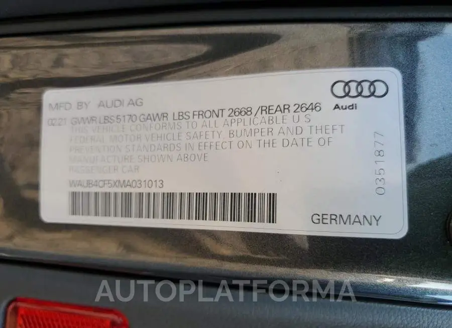 AUDI S5 PRESTIG 2021 vin WAUB4CF5XMA031013 from auto auction Copart