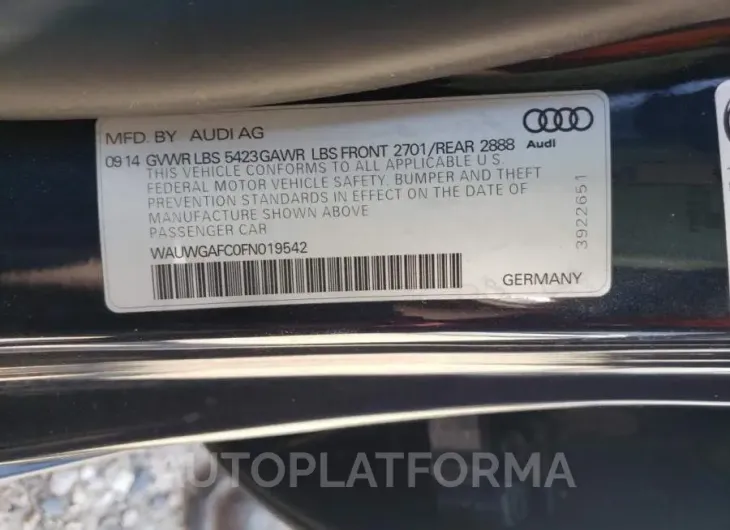 AUDI A7 PREMIUM 2015 vin WAUWGAFC0FN019542 from auto auction Copart