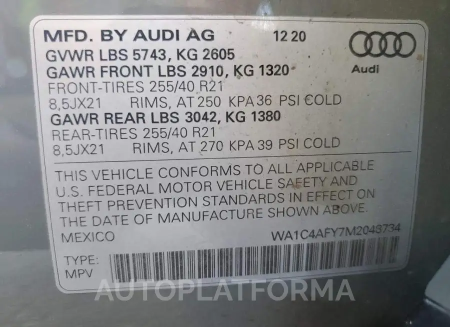 AUDI SQ5 PRESTI 2021 vin WA1C4AFY7M2048734 from auto auction Copart